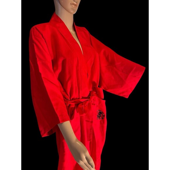 Vintage 70s Embroidered Kimono Robe with pockets Red Black Asian Symbol L - Picture 8 of 10